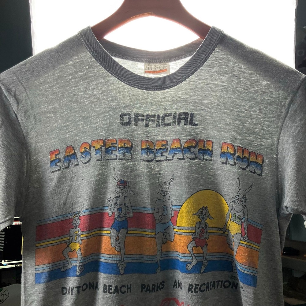 VTG 80s Easter Beach Run T-Shirt Mens Gray Daytona Coca-Cola Furry Thin Anthro